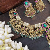 Vriksham Premium Gold-Plated Lakshmi Pearl Coted Short Neckpiece-Red Green-Green Bead-G20536